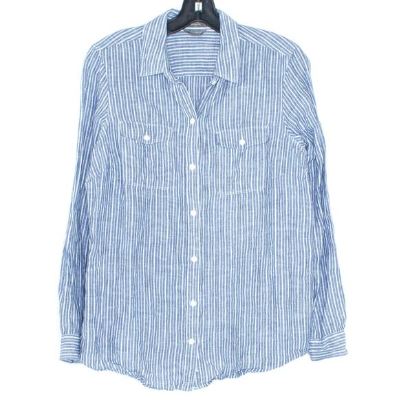 Eddie Bauer Top Preppy Nautical Minimalist Button Stripe Classic Fit Blue Medium - Picture 1 of 2